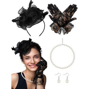 Women's Black Fascinator Hat Set Veil Pearl Necklace Earrings Lace Gloves